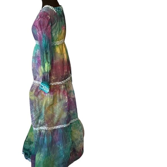 Vintage Tie Dye Purple Green Boho Hippie Prairie Long Sleeve Dress Size Small? - Picture 5 of 10
